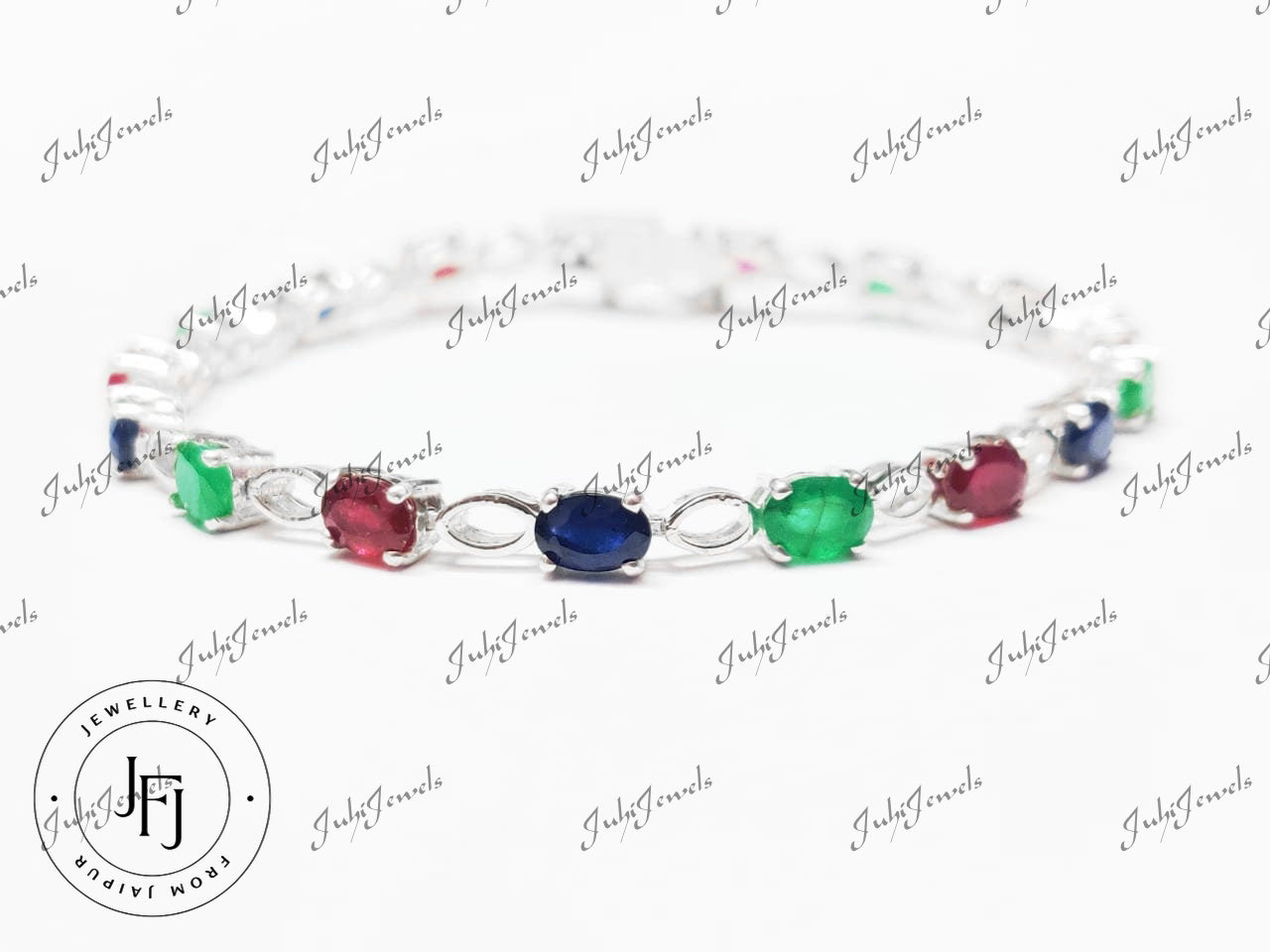 Multistone Bracelet Emerald Ruby Sapphire Bracelet 925 Sterling Silver Multi Gemstone Bracelet 4x6 mm Oval Bracelet Birthstone Bracelet