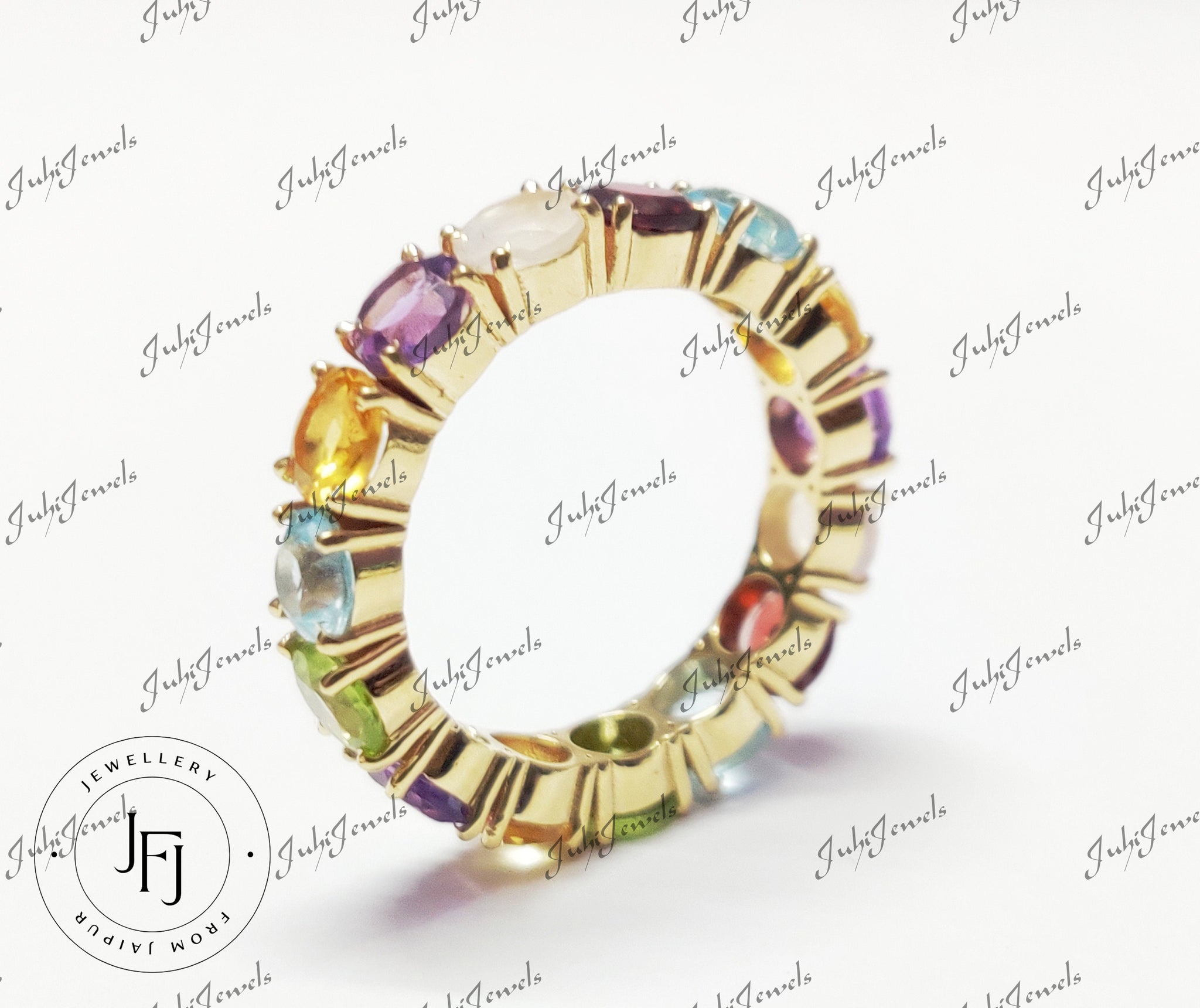 14K Gold Eternity Engagement Ring Multi Gemstone Eternity Band Natural Topaz Citrine Peridot Amethyst Garnet Handmade Eternity Wedding Ring