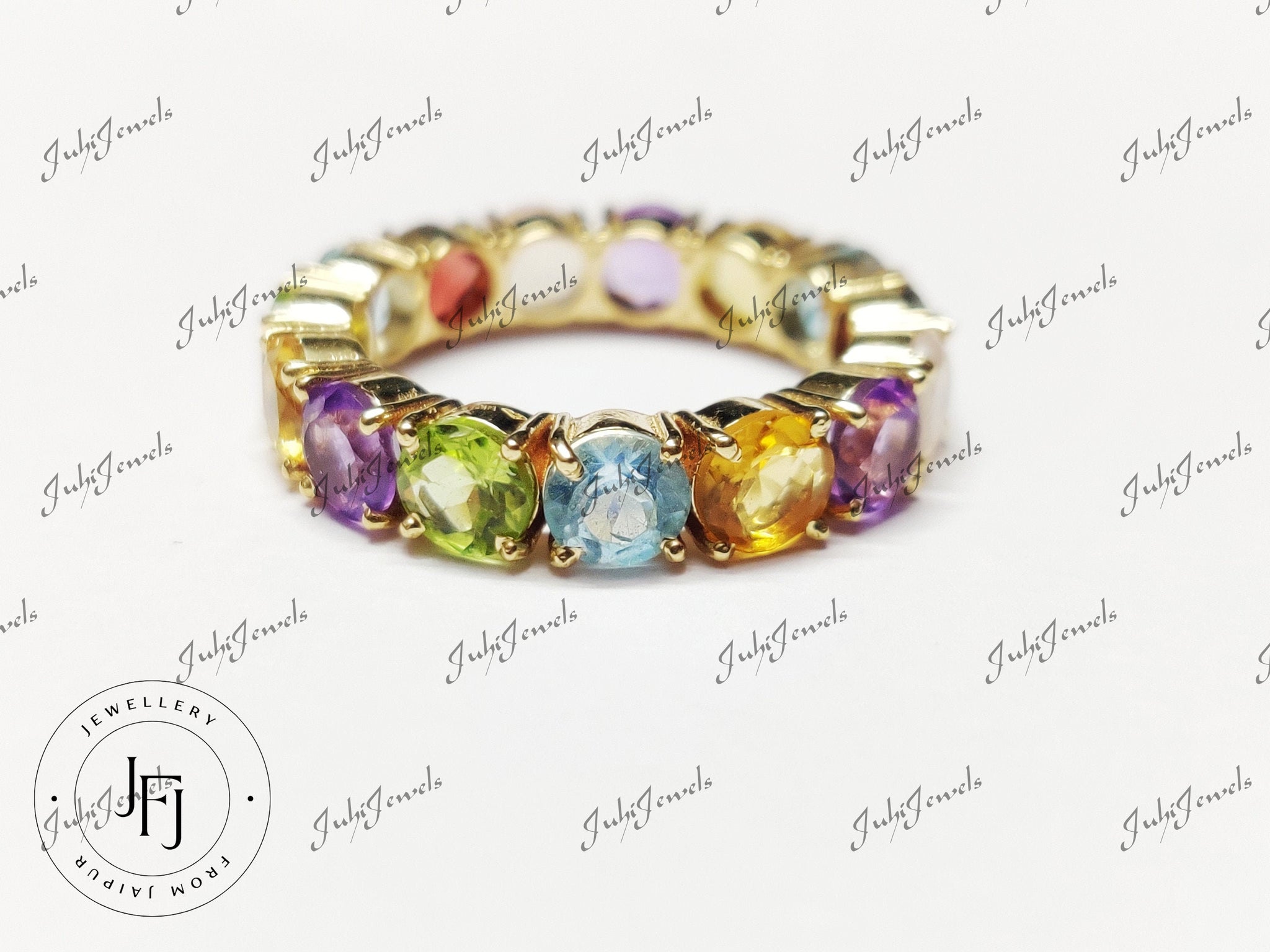 14K Gold Eternity Engagement Ring Multi Gemstone Eternity Band Natural Topaz Citrine Peridot Amethyst Garnet Handmade Eternity Wedding Ring