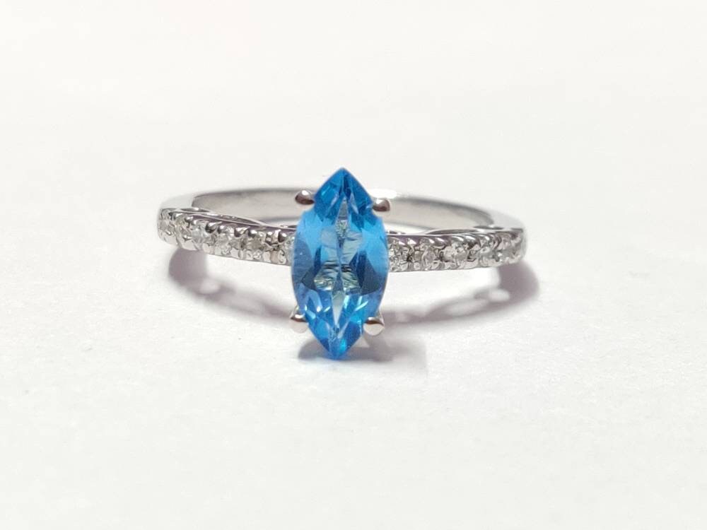 Swiss Blue Topaz Promise Ring 5x10 mm Marquees 0.9 Ct Swiss Topaz Anniversary Band Swiss Blue Topaz Engagement Band